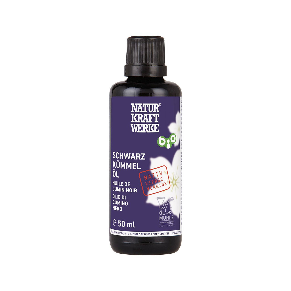 NaturKraftWerke Schwarzkümmelöl nativ, CH Bio Flasche 50 ml/Glas Einweg