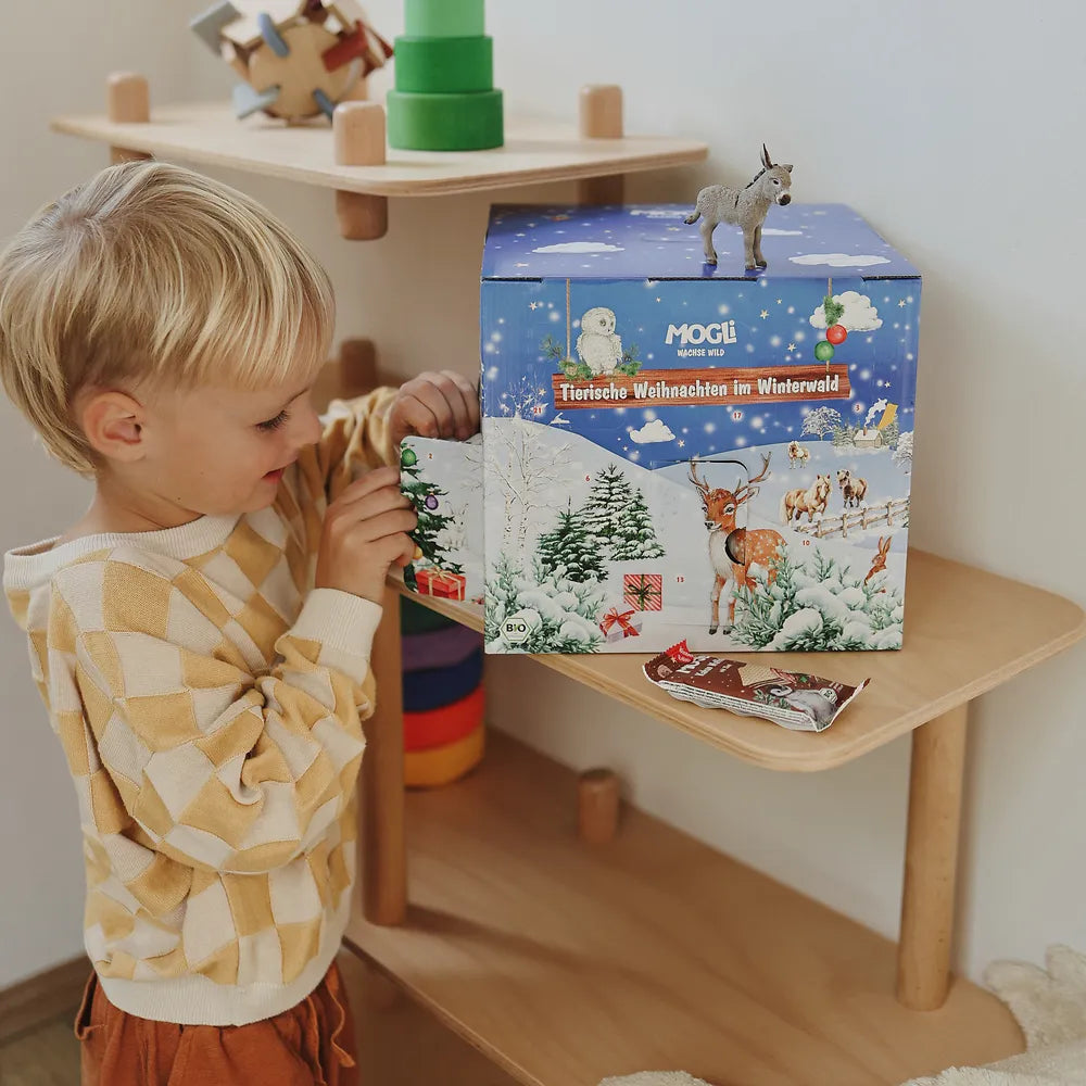 Kind öffnet ein Türchen des MOGLi Adventskalenders mit Snacks und Tierfiguren