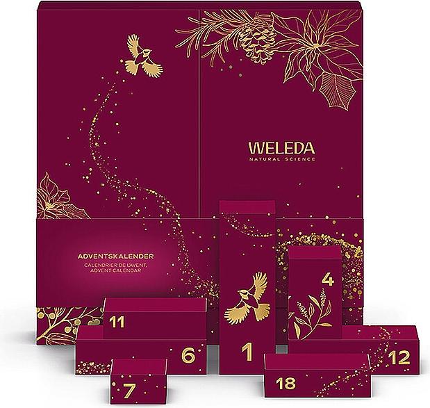Weleda Adventskalender 2026 mit geöffneten Türchen und Pflegeprodukten