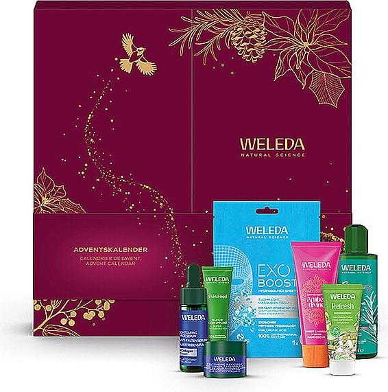 Weleda Adventskalender 2026 aufgeklappt mit nummerierten Schubladen