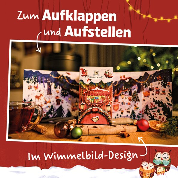 Aufgeklappter Sonnentor Tee-Adventkalender