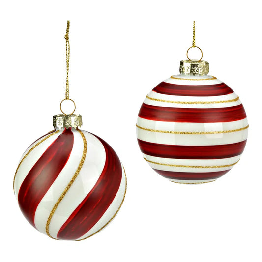 Weihnachtskugel aus Glas, 2-fach, Rot/Weiß Ø8cm