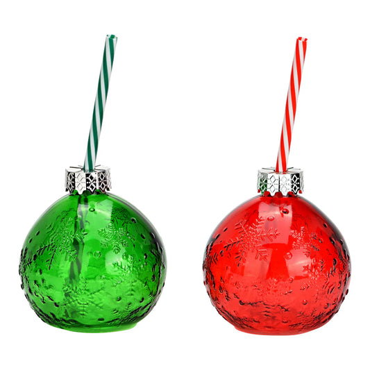 Trinkglas Weihnachtskugel mit Strohhalm Rot / Grün 2x 450ml