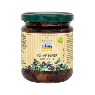 Terra Verde Olive Nere sott'Olio, Schwarze Oliven, entsteint und in Öl, EU Bio 190ml