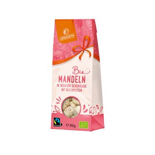 Landgarten Mandeln in weisser Zitronen-Schokolade mit Rosenblüten, EU Bio/FLO-Fairtrade 90g
