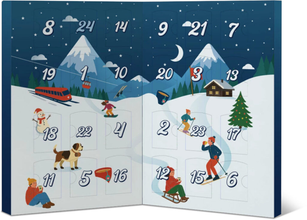 Geöffneter Raselli Tee-Adventskalender mit 24 Türchen