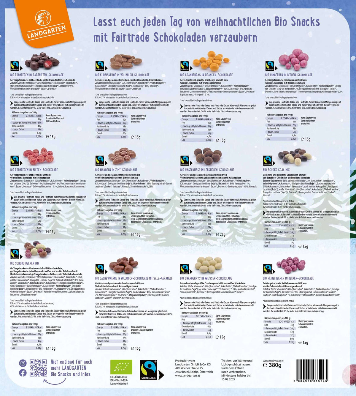 Landgarten Bio-Schoko-Adventskalender 2026 – Rückseite mit Zutaten