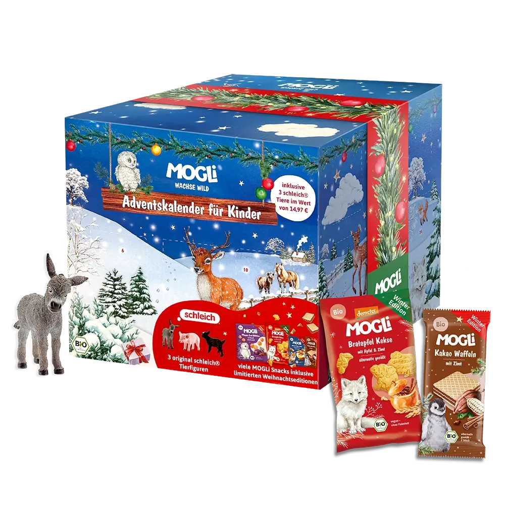 MOGLi Adventskalender 2026 – Winterwald mit Snacks und schleich-Tierfigur