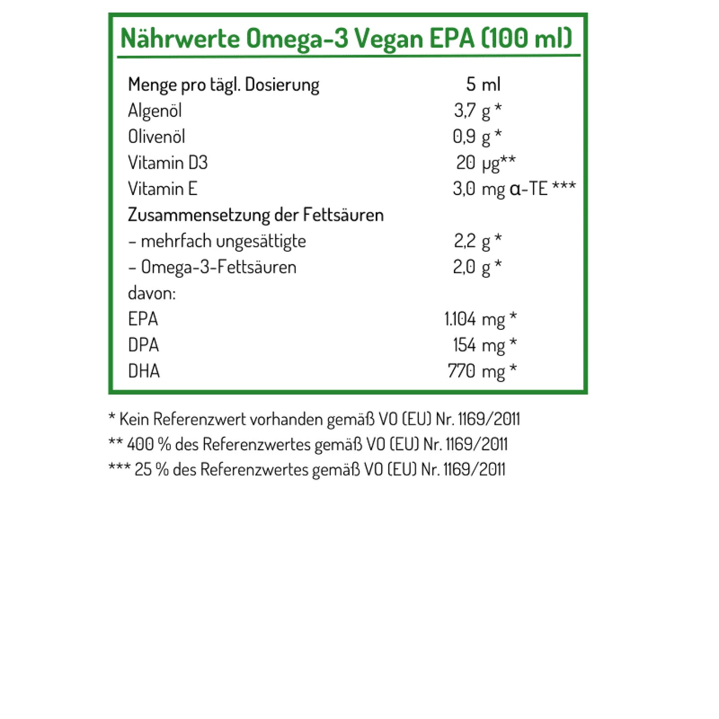 Nährwerte NORSAN Omega-3 Vegan EPA Öl pro Tagesdosis