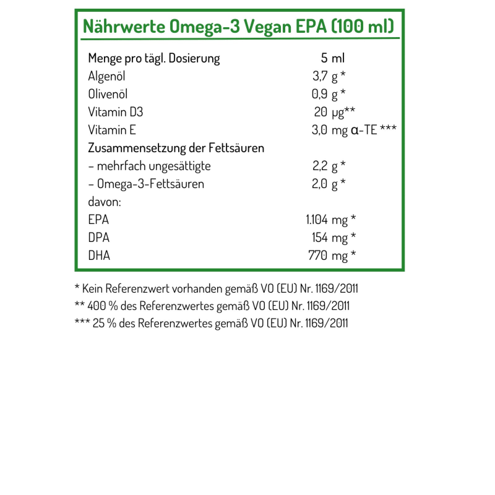 Nährwerte NORSAN Omega-3 Vegan EPA Öl pro Tagesdosis