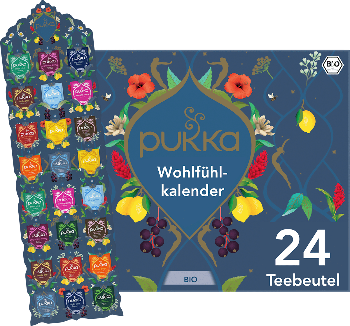 Geöffneter Pukka Bio-Tee Wohlfühlkalender