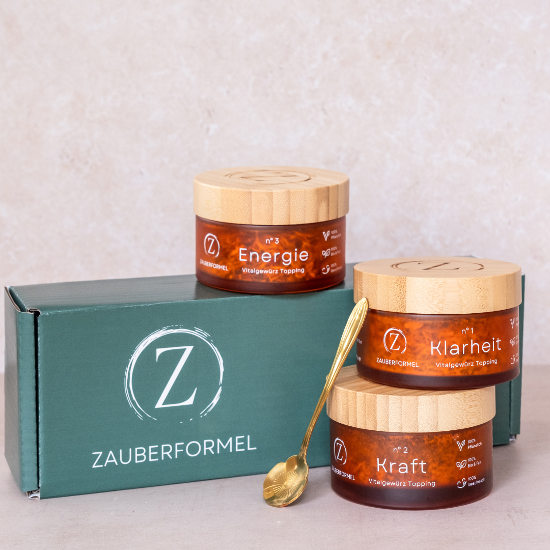 Zauberformel Bio Vitalgewürze 3er-Set – Geschenkbox, drei Gläser und goldener Löffel
